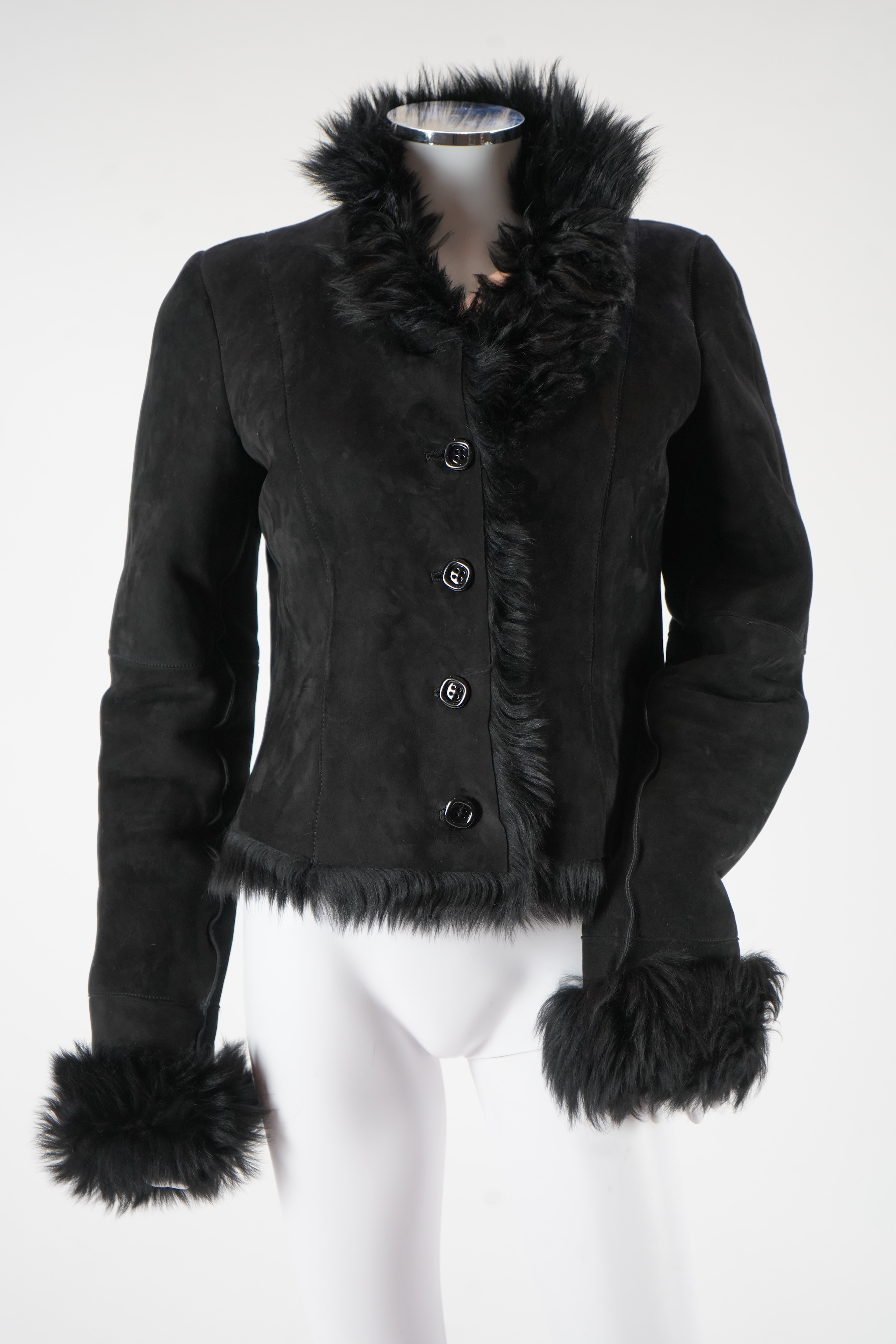 A lady's Emporio Armani black shearling jacket, EU 44 (comes up small), approx. UK size 8-10